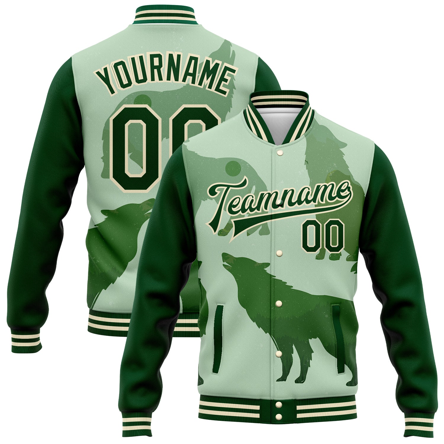 Custom Name and Number Personalized Green Cream Wolf 3D Varsity Letterman Bomber Jacket Personalized Green Cream Wolf 3D