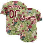 Personalized Big Flower and Crane Baseball Jersey, Custom Name and Number, Green Crimson-Cream 3D Pattern, Northeast China Design