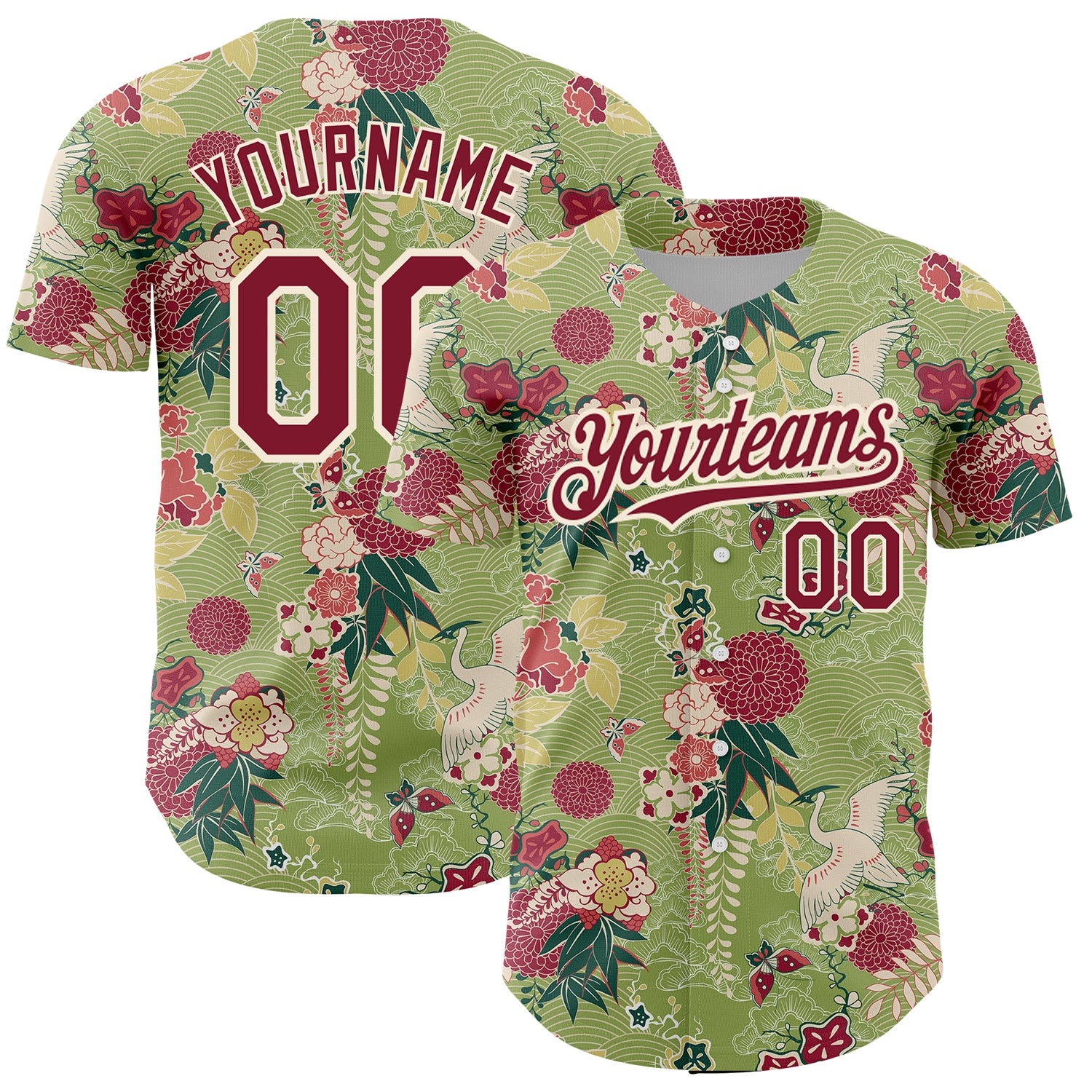 Personalized Big Flower and Crane Baseball Jersey, Custom Name and Number, Green Crimson-Cream 3D Pattern, Northeast China Design