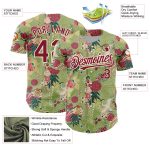 Personalized Big Flower and Crane Baseball Jersey, Custom Name and Number, Green Crimson-Cream 3D Pattern, Northeast China Design