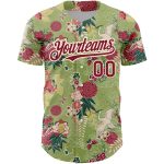 Personalized Big Flower and Crane Baseball Jersey, Custom Name and Number, Green Crimson-Cream 3D Pattern, Northeast China Design