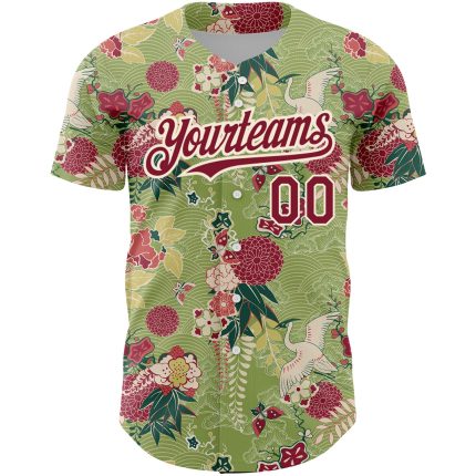 Personalized Big Flower and Crane Baseball Jersey, Custom Name and Number, Green Crimson-Cream 3D Pattern, Northeast China Design