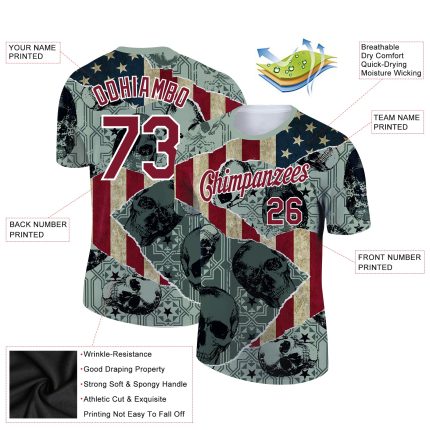 Custom 3D Skull American Flag Performance T-Shirt - Personalized Green Crimson-White with Team Name and Number Personalized