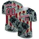 Custom 3D Skull American Flag Performance T-Shirt - Personalized Green Crimson-White with Team Name and Number Personalized