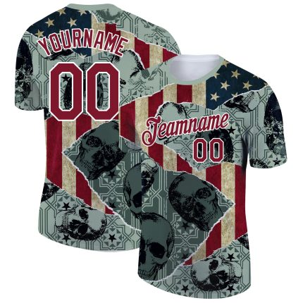 Custom 3D Skull American Flag Performance T-Shirt - Personalized Green Crimson-White with Team Name and Number Personalized