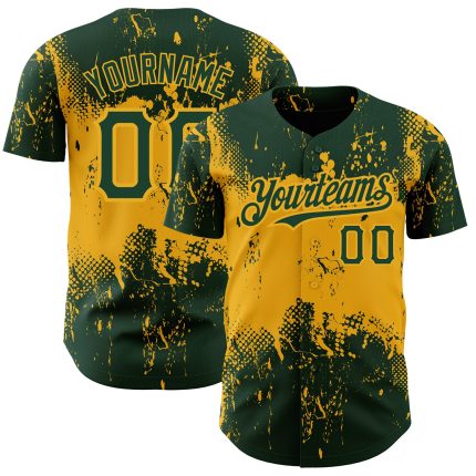 Custom Baseball Jersey with Personalized Green Gold 3D Pattern Abstract Grunge Art - Team Name and Number Personalized Green