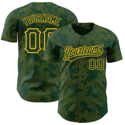 Custom Name and Number Authentic Baseball Jersey with Personalized Green Gold 3D Curve Lines Design Personalized Green Gold