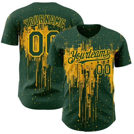 Custom Name & Number Baseball Jersey | Personalized Dripping Splatter Art in Green & Gold 3D Pattern Design Personalized