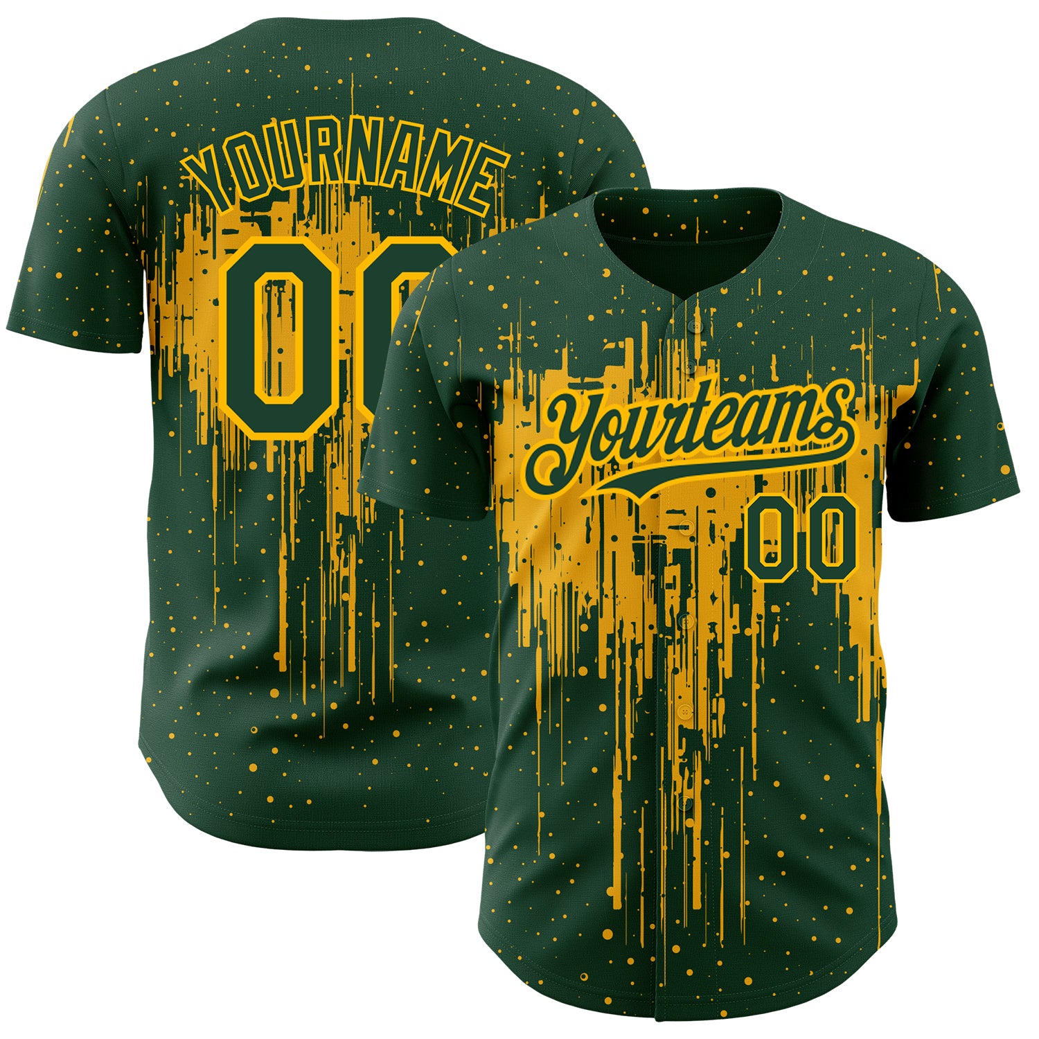 Custom Name & Number Baseball Jersey | Personalized Dripping Splatter Art in Green & Gold 3D Pattern Design Personalized