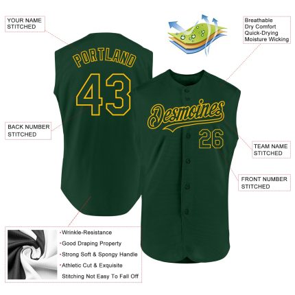Custom Personalized Green Gold Baseball Jersey with Name and Number - Authentic Sleeveless Team Apparel Personalized Green