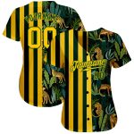 Custom Name and Number Personalized Baseball Jersey with Green Gold-Black 3D Leopard Pattern and Tropical Palm Leaves Design