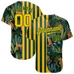 Custom Name and Number Personalized Baseball Jersey with Green Gold-Black 3D Leopard Pattern and Tropical Palm Leaves Design