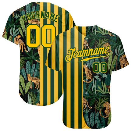 Custom Name and Number Personalized Baseball Jersey with Green Gold-Black 3D Leopard Pattern and Tropical Palm Leaves Design