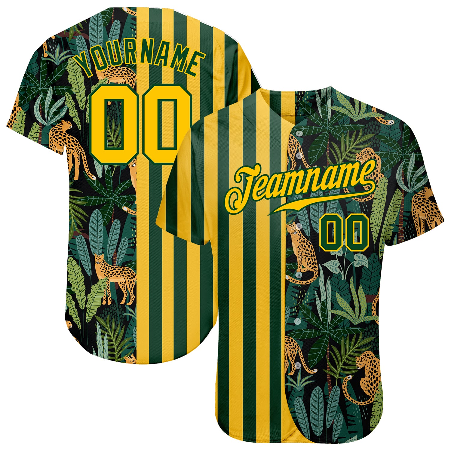 Custom Name and Number Personalized Baseball Jersey with Green Gold-Black 3D Leopard Pattern and Tropical Palm Leaves Design
