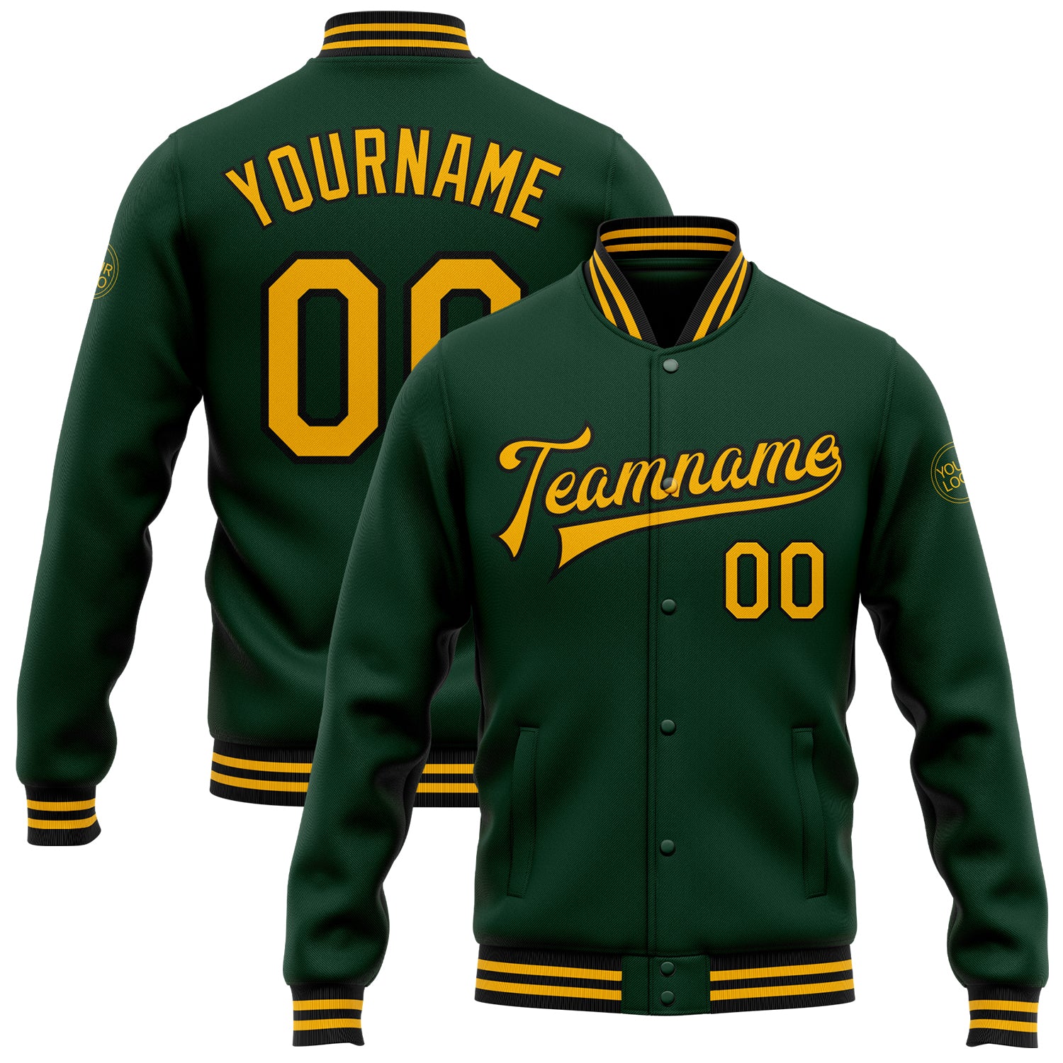 Custom Name and Number Green Gold-Black Bomber Varsity Letterman Jacket Personalized Team Gear Personalized Green Gold-Black