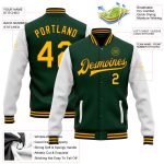 Personalized Green Gold Black Bomber Varsity Jacket Full-Snap Two Tone Letterman Personalized Green Gold-Black Bomber Full-Snap
