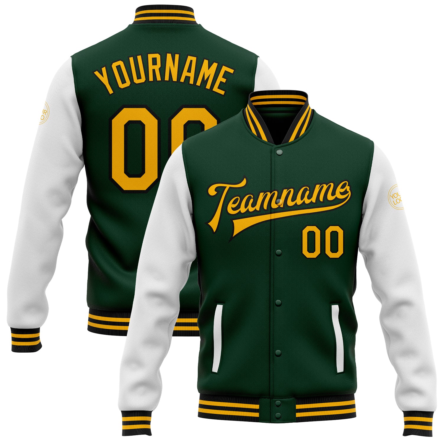 Personalized Green Gold Black Bomber Varsity Jacket Full-Snap Two Tone Letterman Personalized Green Gold-Black Bomber Full-Snap