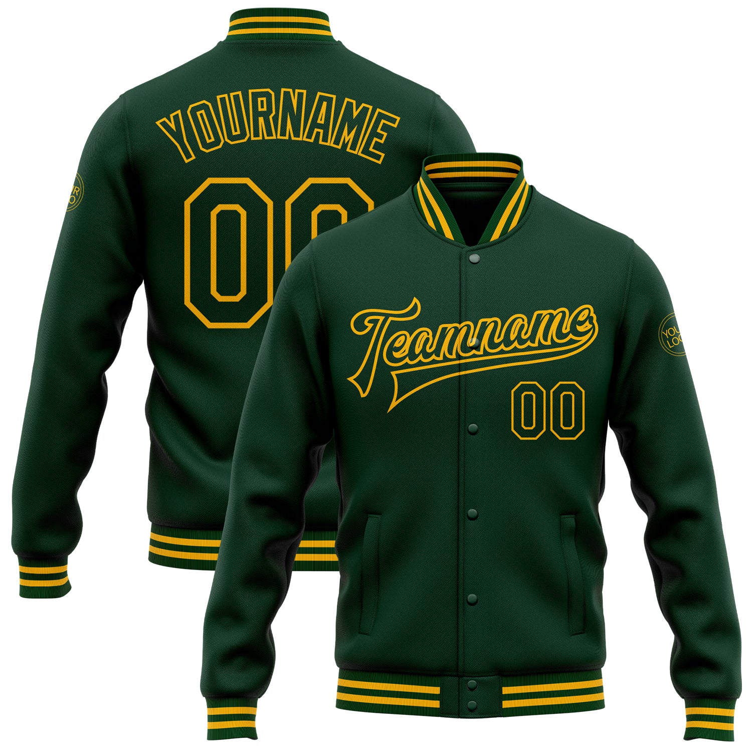 Custom Name Number Green Gold Bomber Varsity Letterman Jacket - Personalized Full-Snap Team Apparel Personalized Green Gold