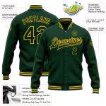 Custom Name Number Green Gold Bomber Varsity Letterman Jacket - Personalized Full-Snap Team Apparel Personalized Green Gold