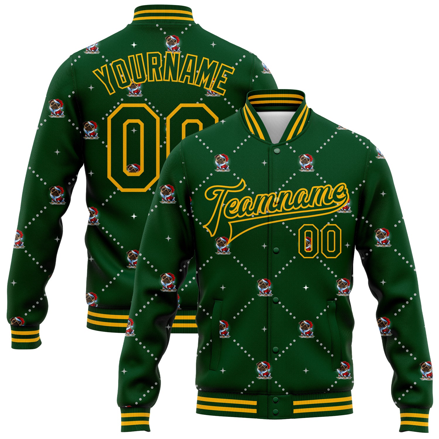 Custom Personalized Dog Jacket Santa Costume Green Gold 3D Bomber Full-Snap Varsity Letterman - Team Name & Number Apparel