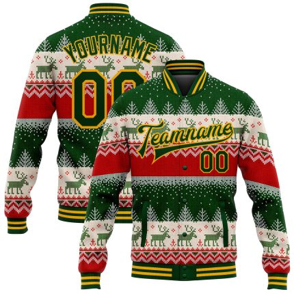 Custom Name Number Green Gold Christmas Reindeer 3D Bomber Varsity Jacket for Team, Full-Snap Letterman Style Personalized