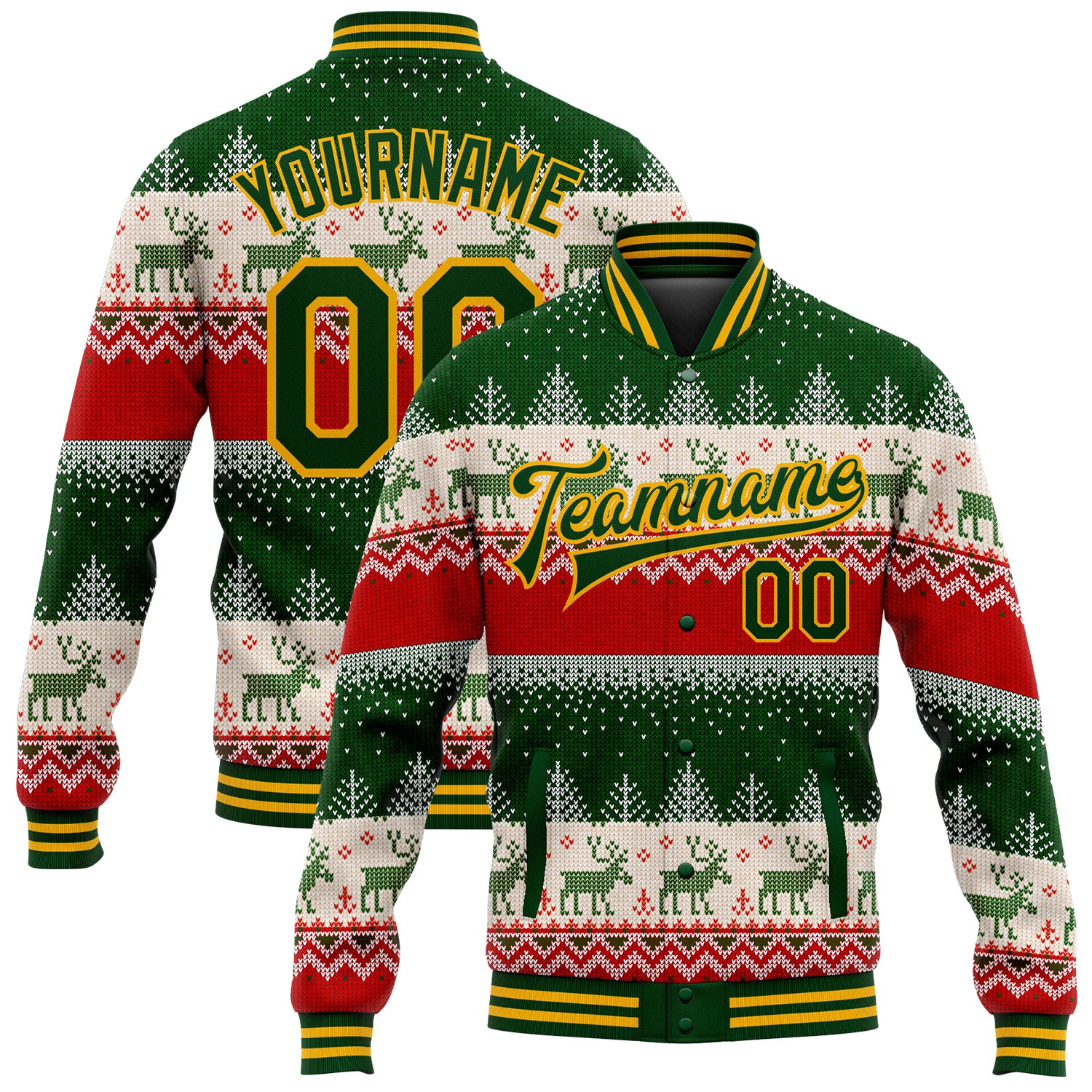 Custom Name Number Green Gold Christmas Reindeer 3D Bomber Varsity Jacket for Team, Full-Snap Letterman Style Personalized