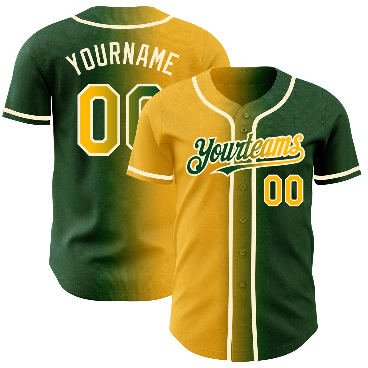 Custom Name Number Fashion Baseball Jersey - Personalized Green Gold-Cream Authentic Gradient Design Personalized Green Gold-Cream
