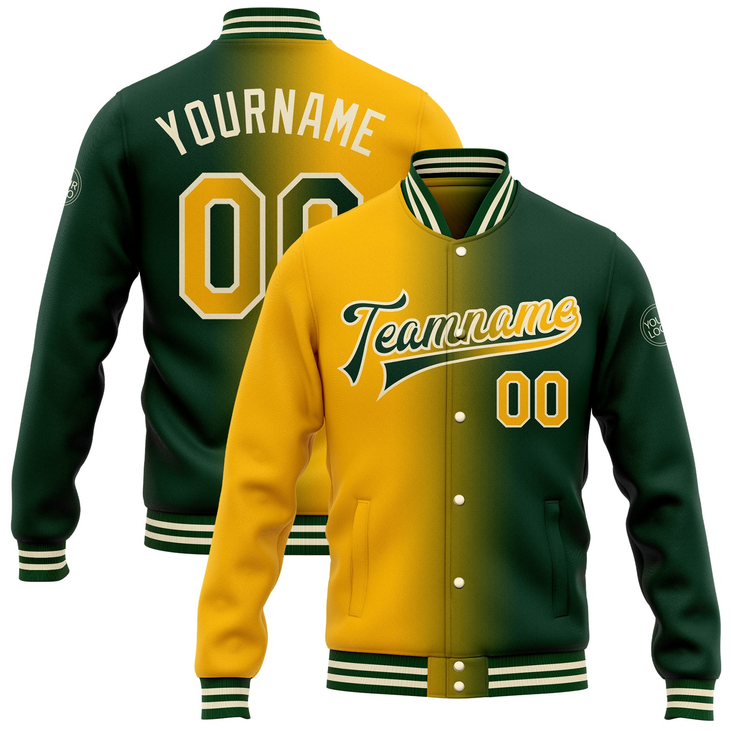 Custom Varsity Letterman Jacket with Name & Number - Personalized Green Gold-Cream Bomber Full-Snap Gradient Fashion Personalized