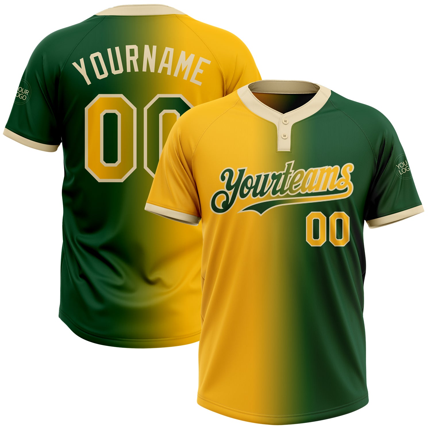 Custom Unisex Softball Jersey - Personalized Green Gold-Cream Gradient Two-Button with Name & Number Personalized Green Gold-Cream