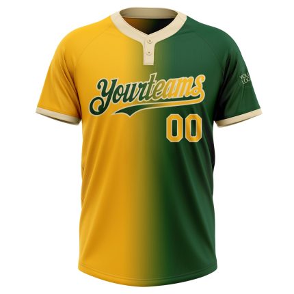 Custom Unisex Softball Jersey - Personalized Green Gold-Cream Gradient Two-Button with Name & Number Personalized Green Gold-Cream
