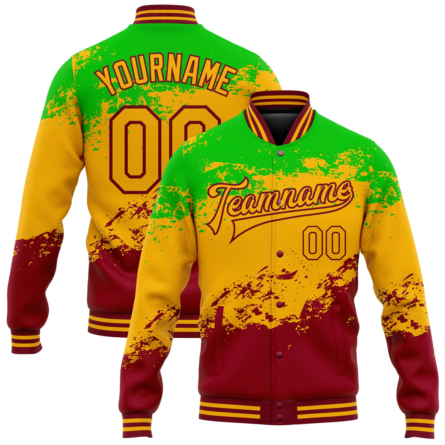 Custom Name & Number Black History Month 3D Pattern Bomber Varsity Jacket Green Gold-Crimson Full-Snap Design Personalized