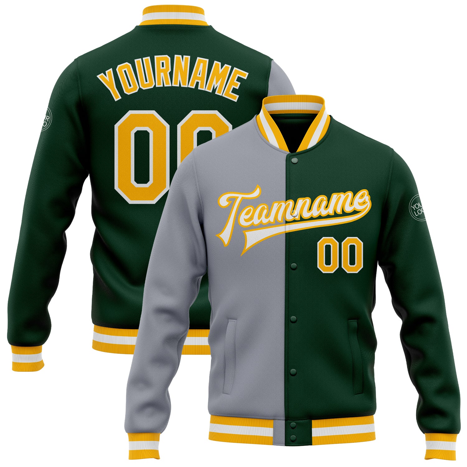 Custom Name Number Green Gold Gray Bomber Varsity Letterman Split Fashion Jacket - Personalized Full-Snap Team Apparel Personalized