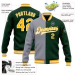 Custom Name Number Green Gold Gray Bomber Varsity Letterman Split Fashion Jacket - Personalized Full-Snap Team Apparel Personalized
