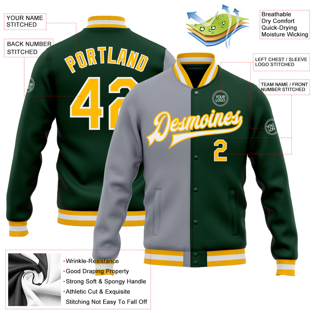 Personalized Green Gold-Gray Bomber Full-Snap Varsity Letterman Split Fashion Jacket Team Custom Name and Number Custom Name Number Green Gold Gray Bomber Varsity Letterman Split Fashion Jacket - Personalized Full-Snap Team Apparel Personalized - Image 3