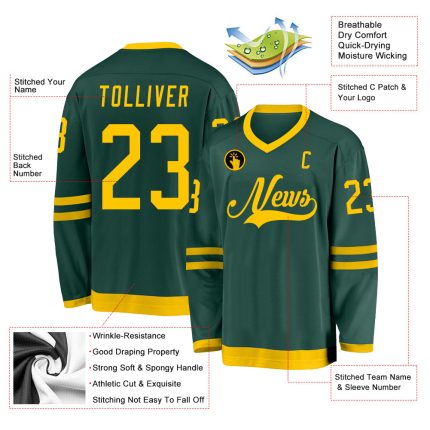 Custom Name and Number Green Gold Hockey Jersey - Personalized Team Jersey Personalized Green Gold Hockey Jersey Team Custom