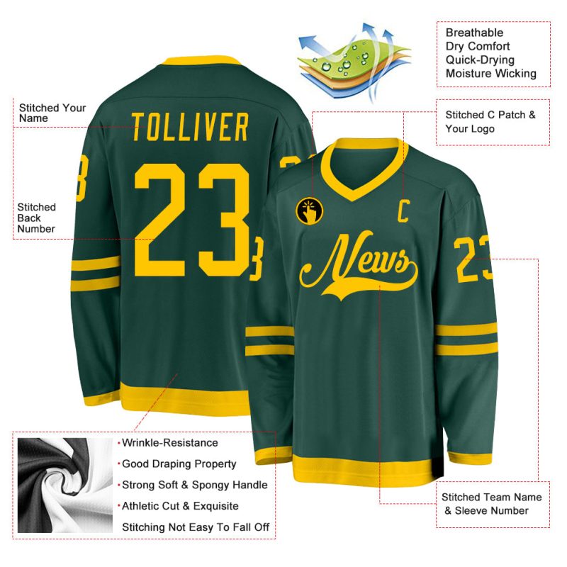 Custom Name and Number Green Gold Hockey Jersey - Personalized Team Jersey Personalized Green Gold Hockey Jersey Team Custom