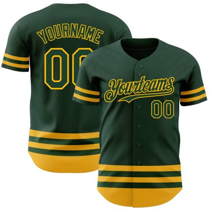 Custom Name and Number Baseball Jersey in Green with Gold Line - Personalized Authentic Team Jersey Personalized Green Gold