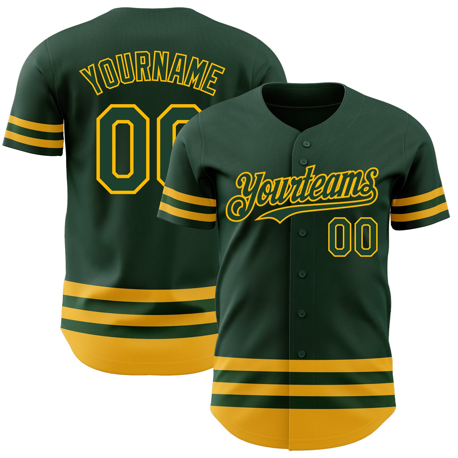 Custom Name and Number Baseball Jersey in Green with Gold Line - Personalized Authentic Team Jersey Personalized Green Gold