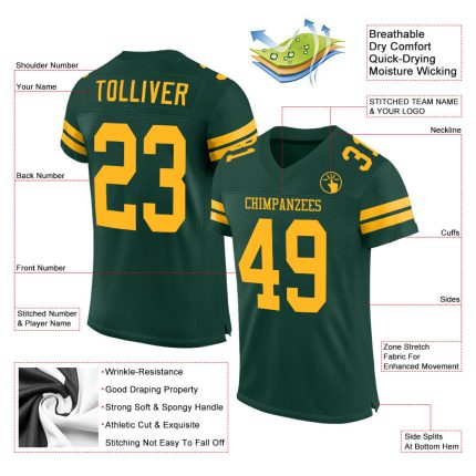 Custom Name and Number Personalized Green Gold Football Jersey - Authentic Mesh Team Jersey Personalized Green Gold Mesh