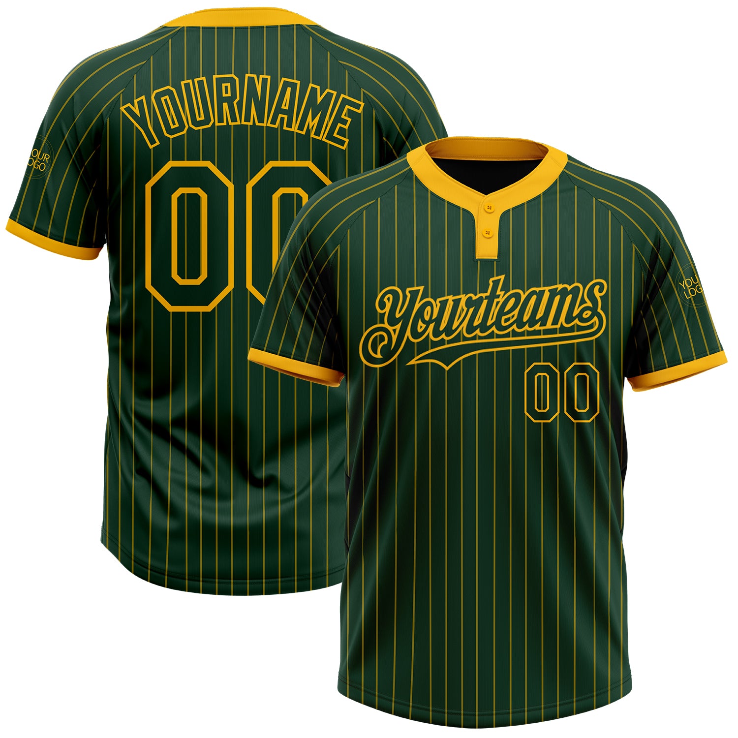 Custom Name Number Softball Jersey Unisex Green Gold Pinstripe Two-Button Personalized Apparel Personalized Green Gold Pinstripe