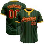 Custom Unisex Softball Jersey with Personalized Name and Number, Green Gold Pinstripe, Red, Two-Button Design Personalized