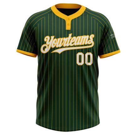 Custom Name and Number Unisex Softball Jersey Green Gold Pinstripe Two-Button White Personalized Green Gold Pinstripe White
