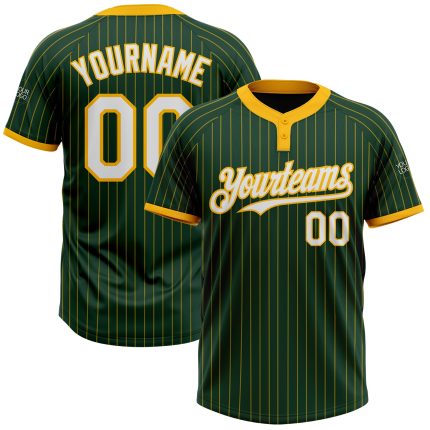Custom Name and Number Unisex Softball Jersey Green Gold Pinstripe Two-Button White Personalized Green Gold Pinstripe White