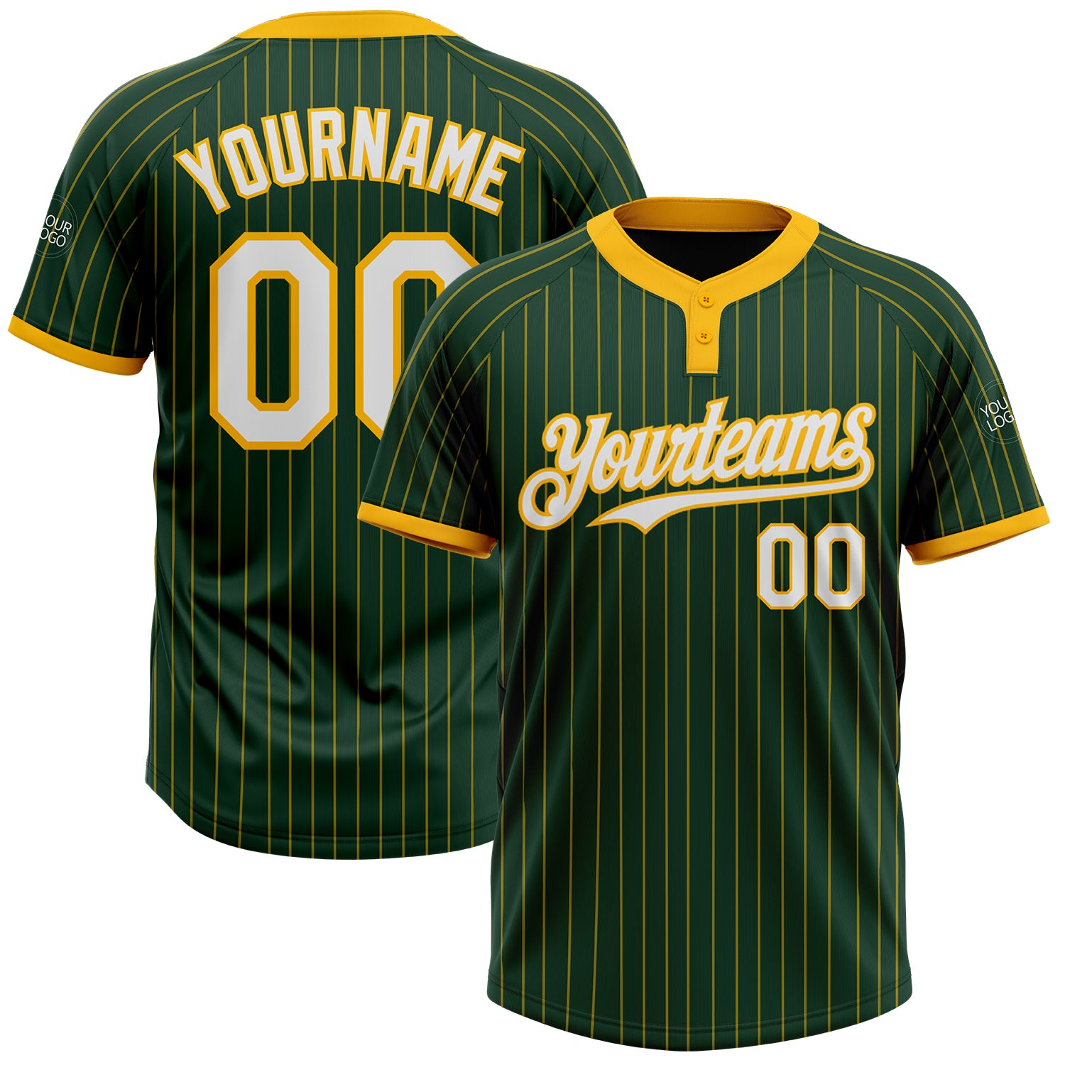 Custom Name and Number Unisex Softball Jersey Green Gold Pinstripe Two-Button White Personalized Green Gold Pinstripe White