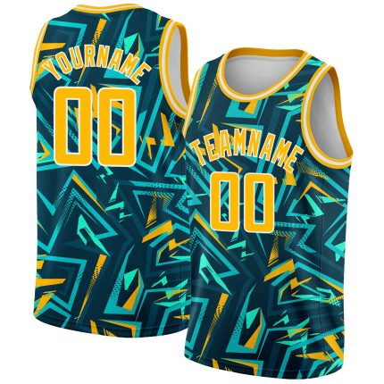 Custom Basketball Jersey with Personalized Name and Number, Green Gold-White 3D Pattern Abstract Grunge Design Personalized