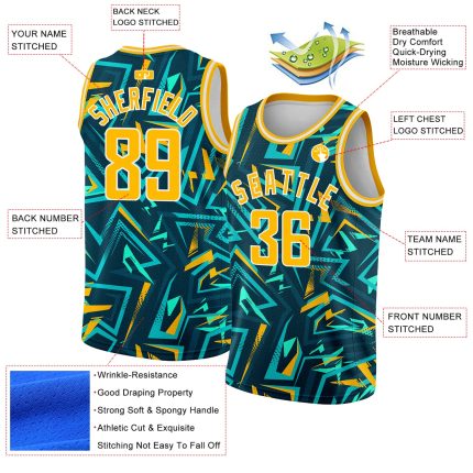 Custom Basketball Jersey with Personalized Name and Number, Green Gold-White 3D Pattern Abstract Grunge Design Personalized