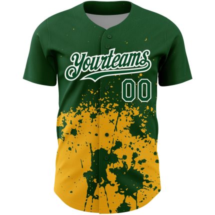 Custom green, gold and white 3D pattern baseball jersey, back view