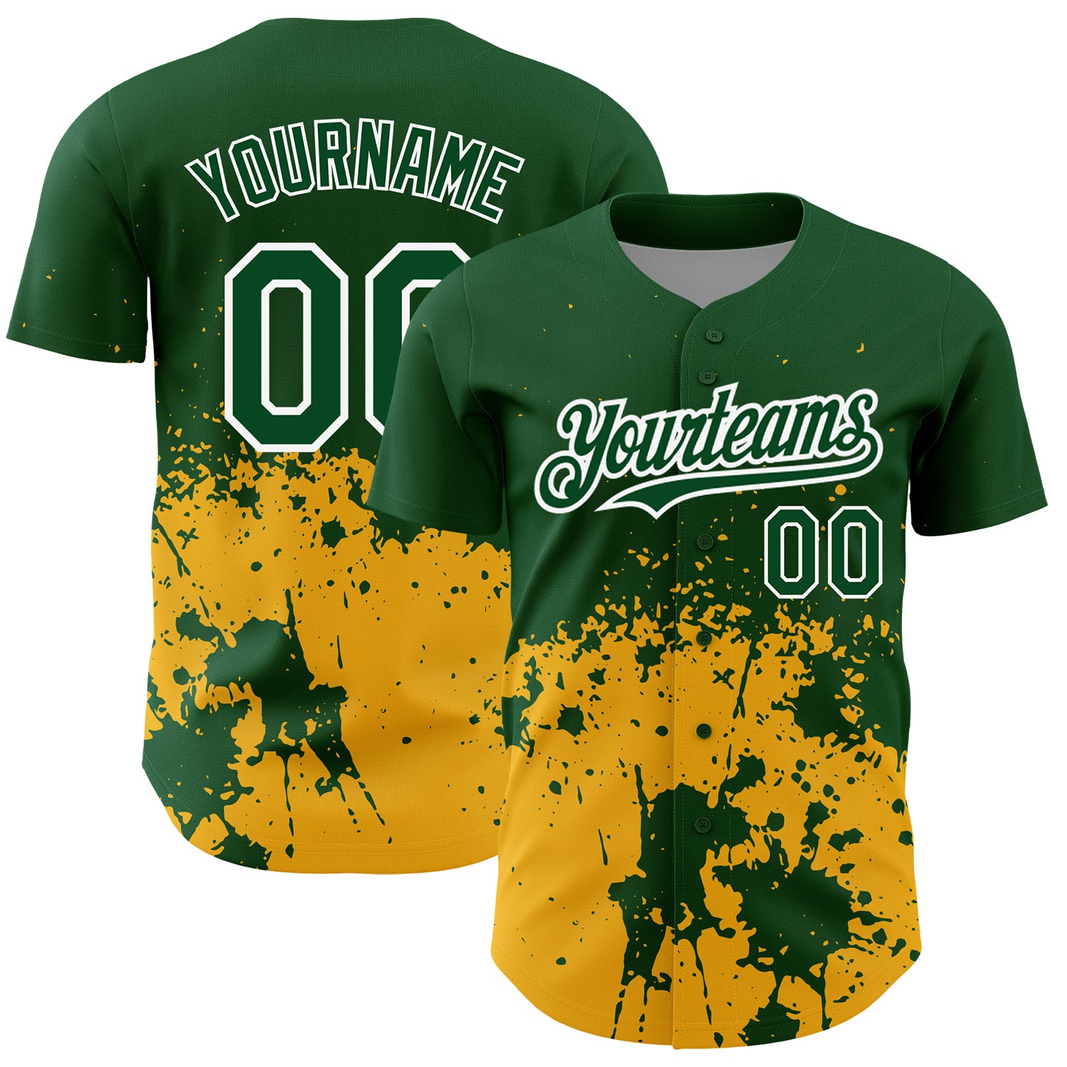 Customizable Abstract Splash Grunge Art Baseball Jersey in Green Gold-White 3D Pattern, Team Name & Number Personalization