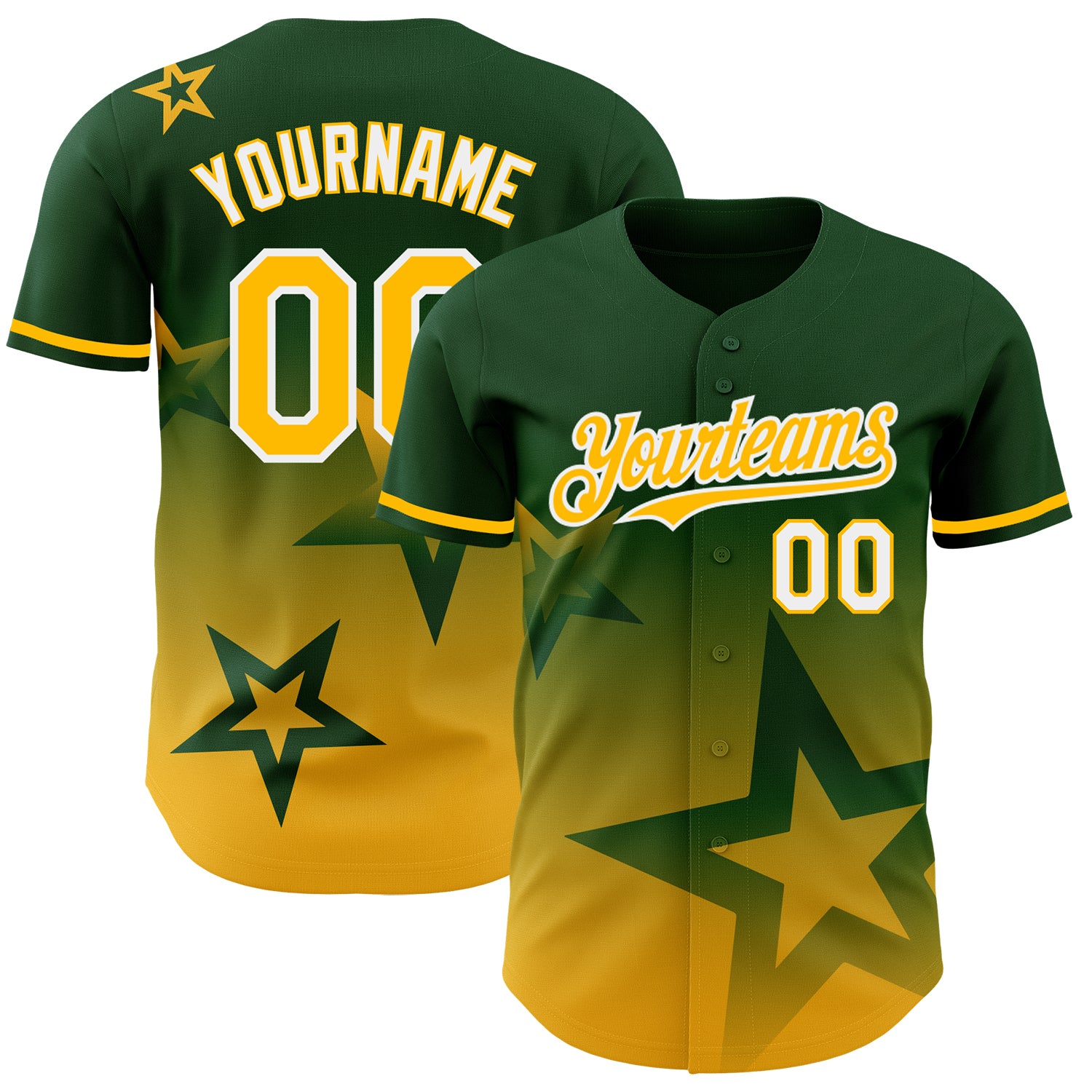 Custom Gradient Twinkle Star Baseball Jersey | Personalized Green Gold-White 3D Pattern with Name & Number Personalized Green