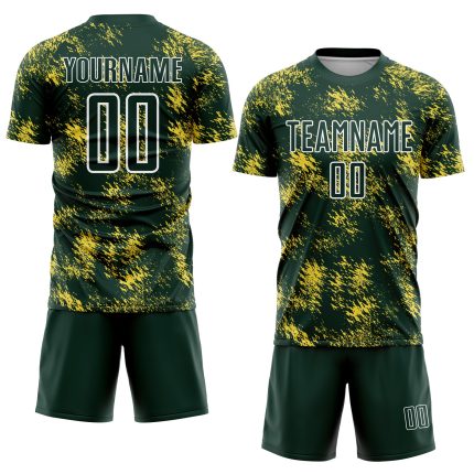 Custom Sublimation Soccer Uniform Jersey - Personalized Abstract Grunge Art with Green, Gold, and White - Team Name & Number